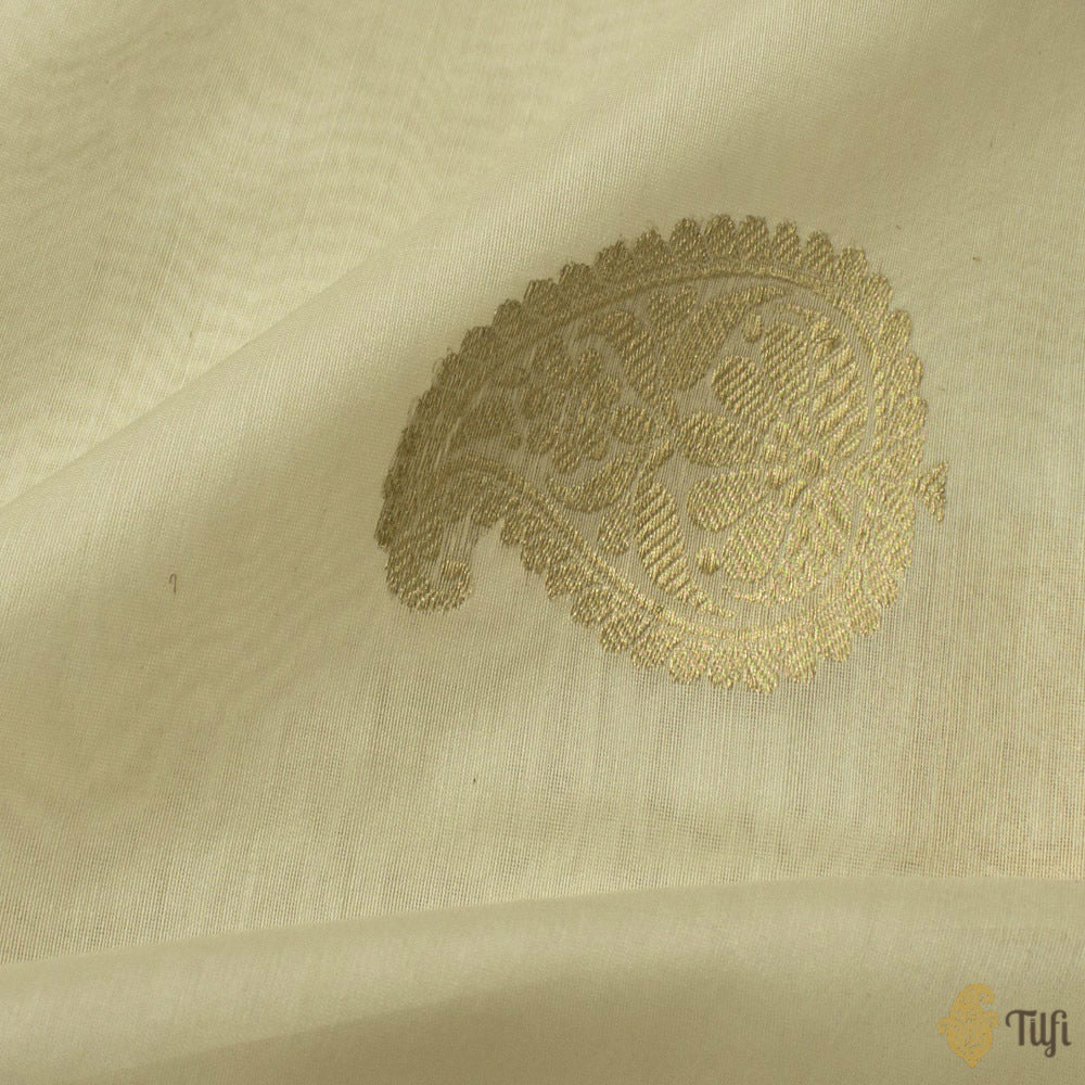 White Pure Kora Silk by Cotton Banarasi Handloom Fabric
