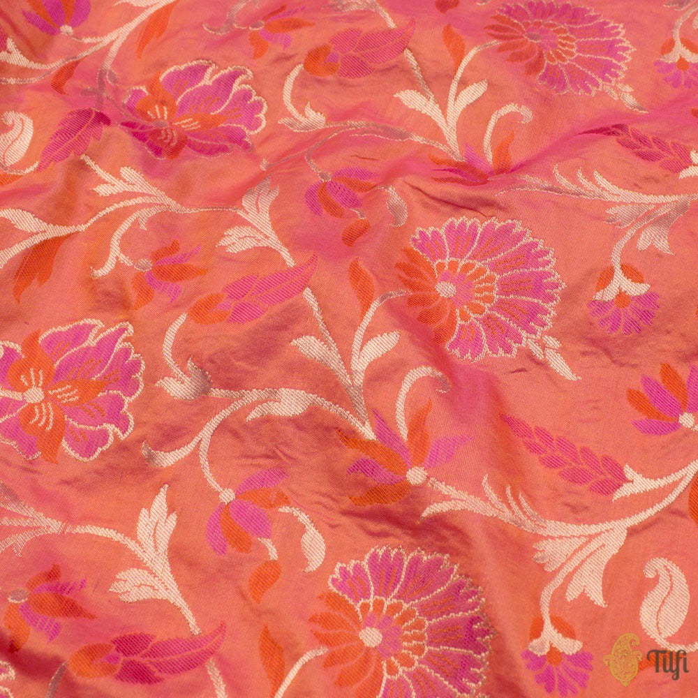 Orange-Gulabi Pink Pure Katan Silk Banarasi Handloom Fabric