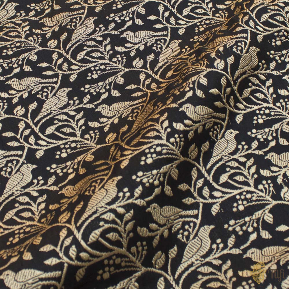 Black Pure Katan Silk Bird Jaal Banarasi Handloom Fabric