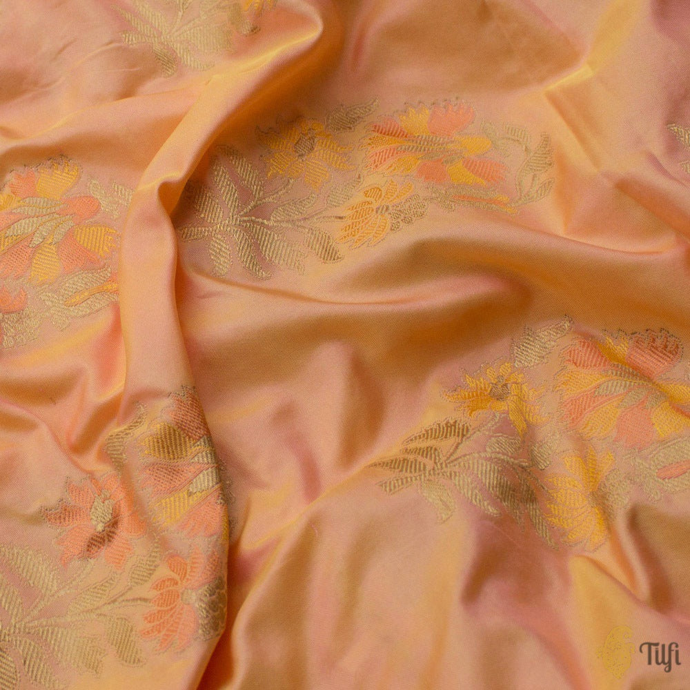 Yellow-Peach Pure Katan Silk Banarasi Handloom Fabric