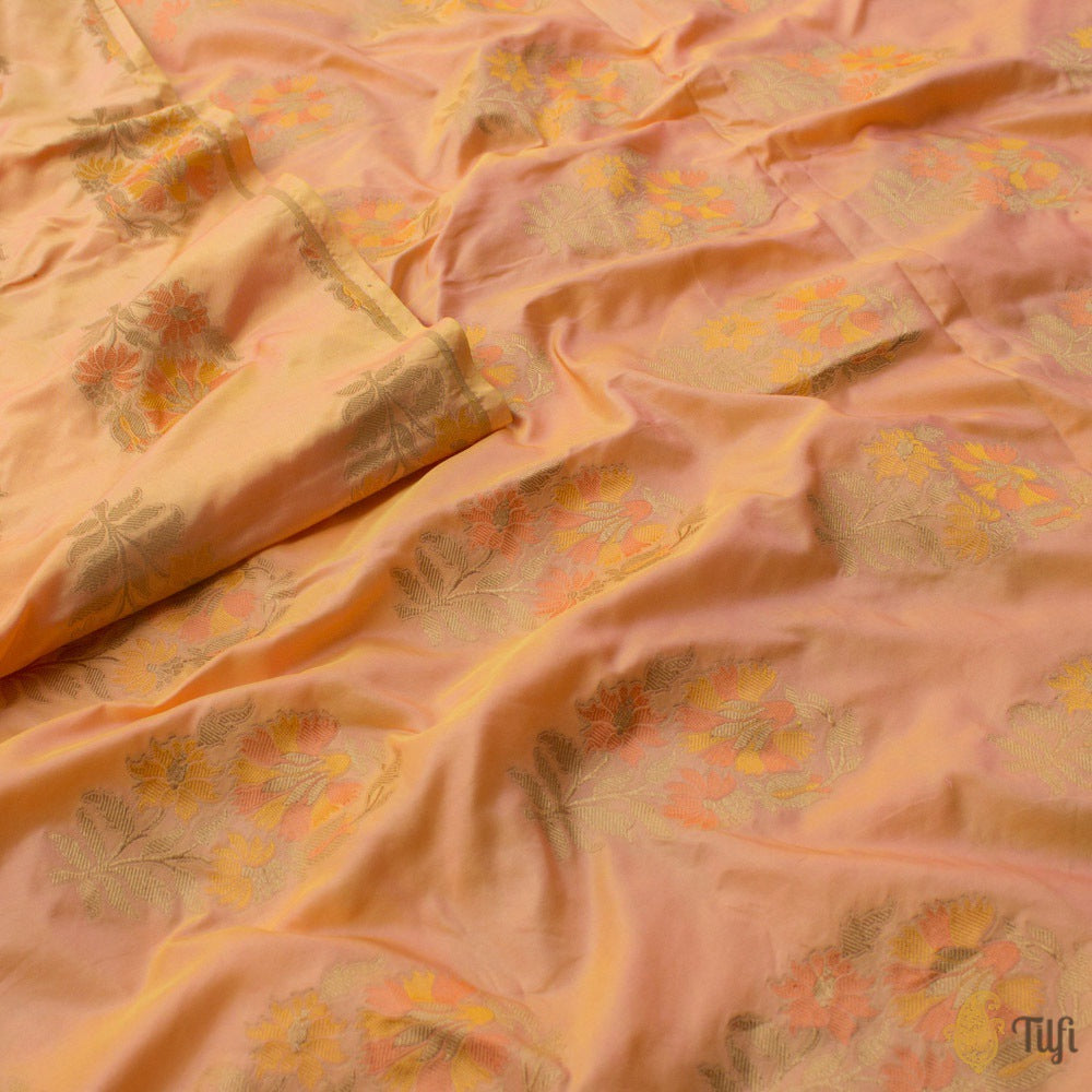 Yellow-Peach Pure Katan Silk Banarasi Handloom Fabric