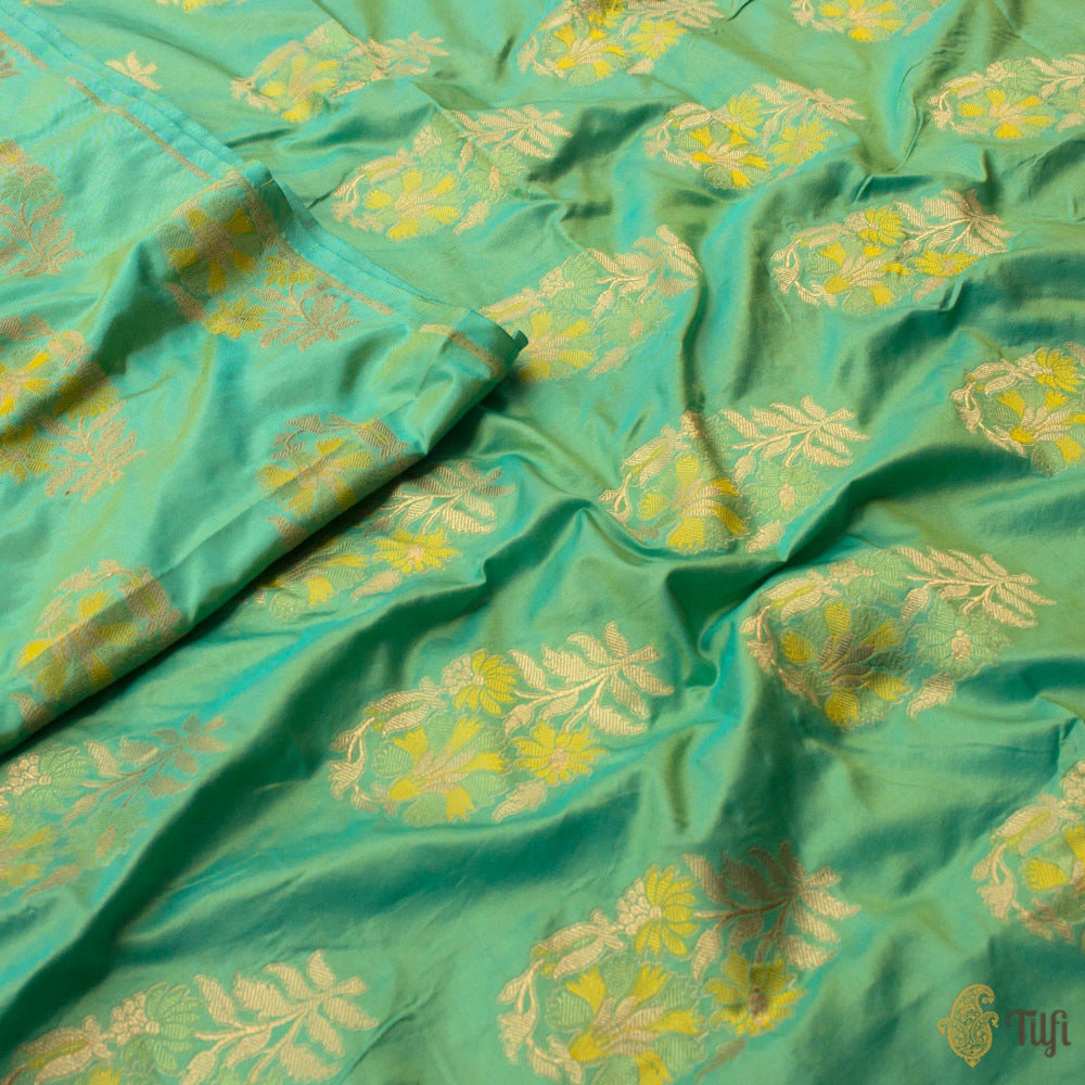 Blue-Yellow Pure Katan Silk Banarasi Handloom Fabric