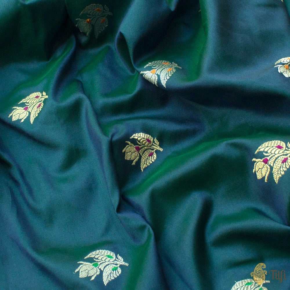 Green-Blue Pure Katan Silk Banarasi Handloom Fabric