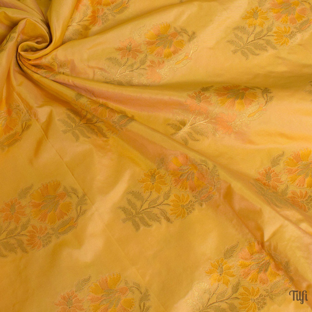 Peach-Yellow Pure Katan Silk Banarasi Handloom Fabric