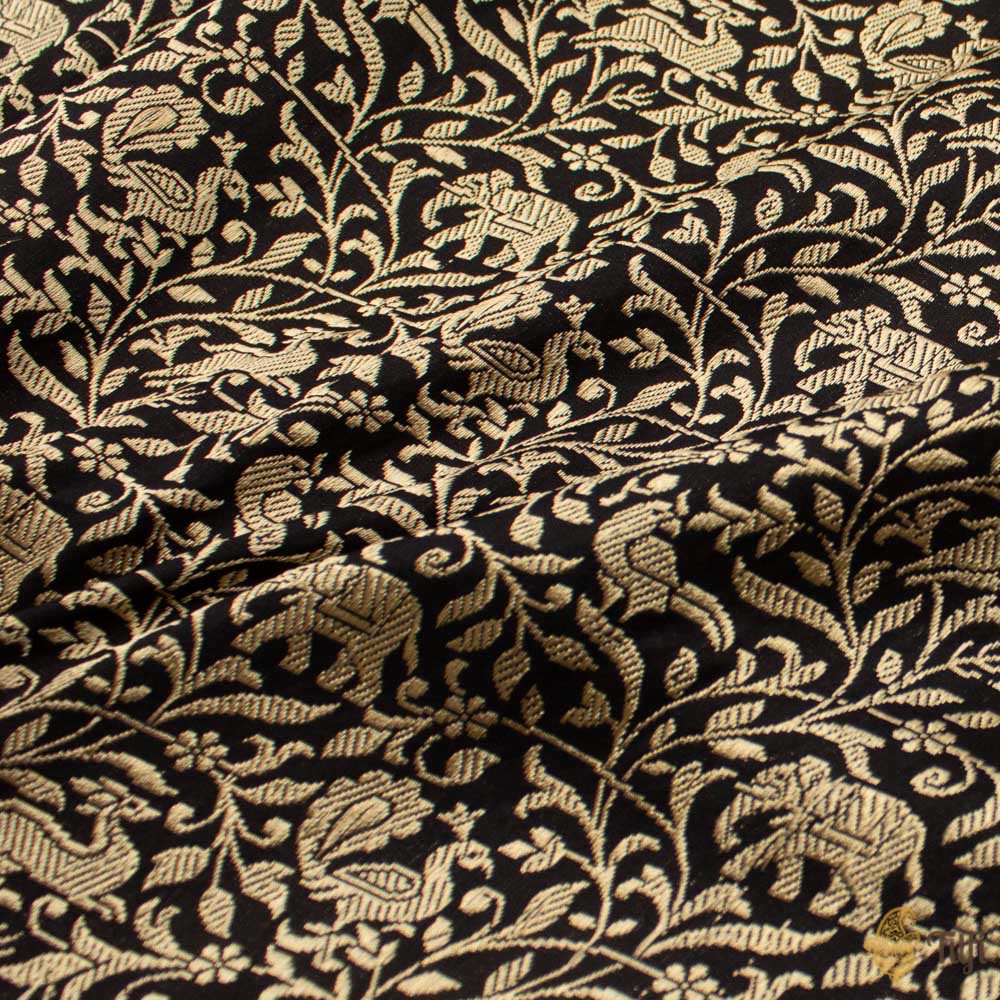 Black Pure Katan Silk Banarasi Handloom Fabric - Tilfi