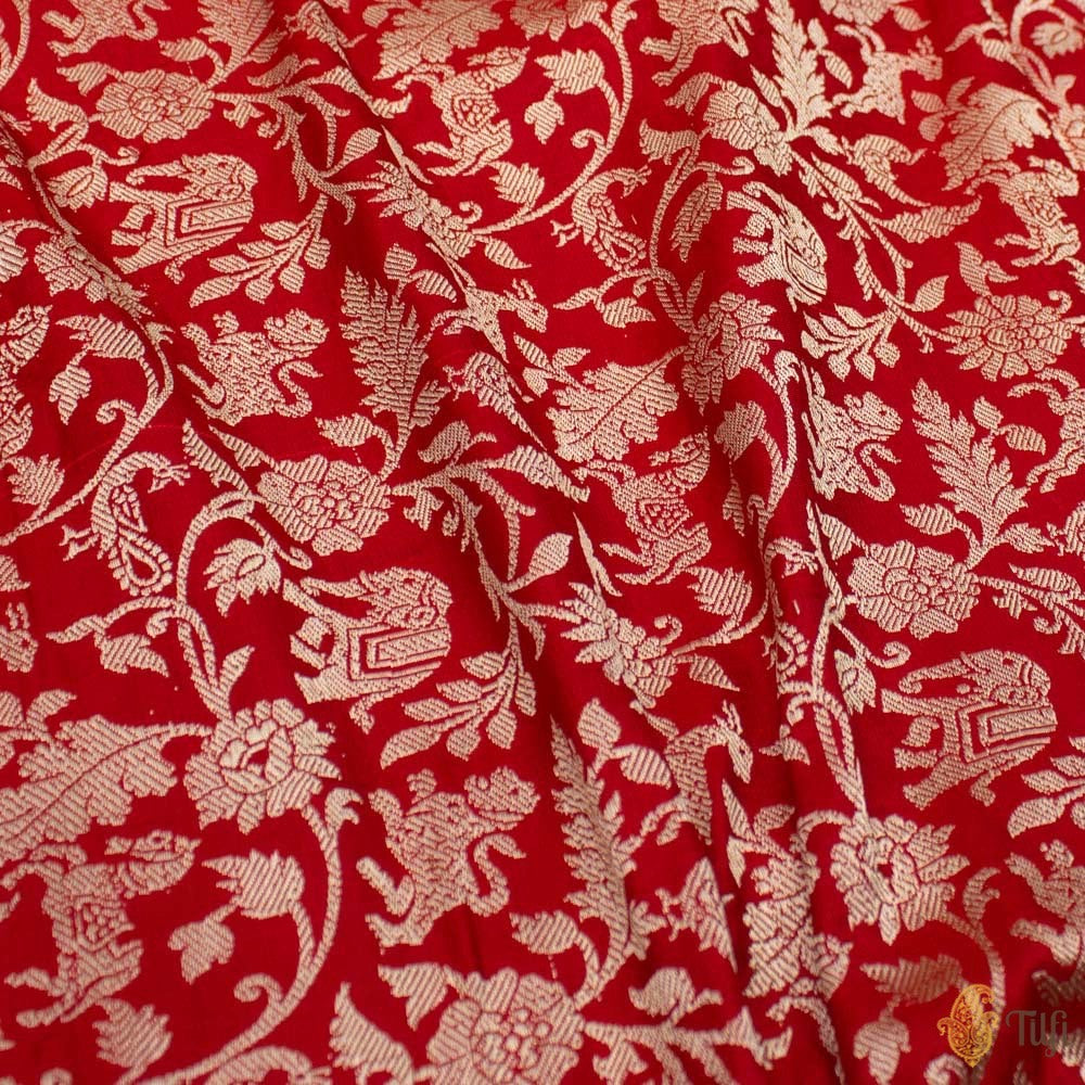 Red Pure Satin Silk Banarasi Handloom Fabric