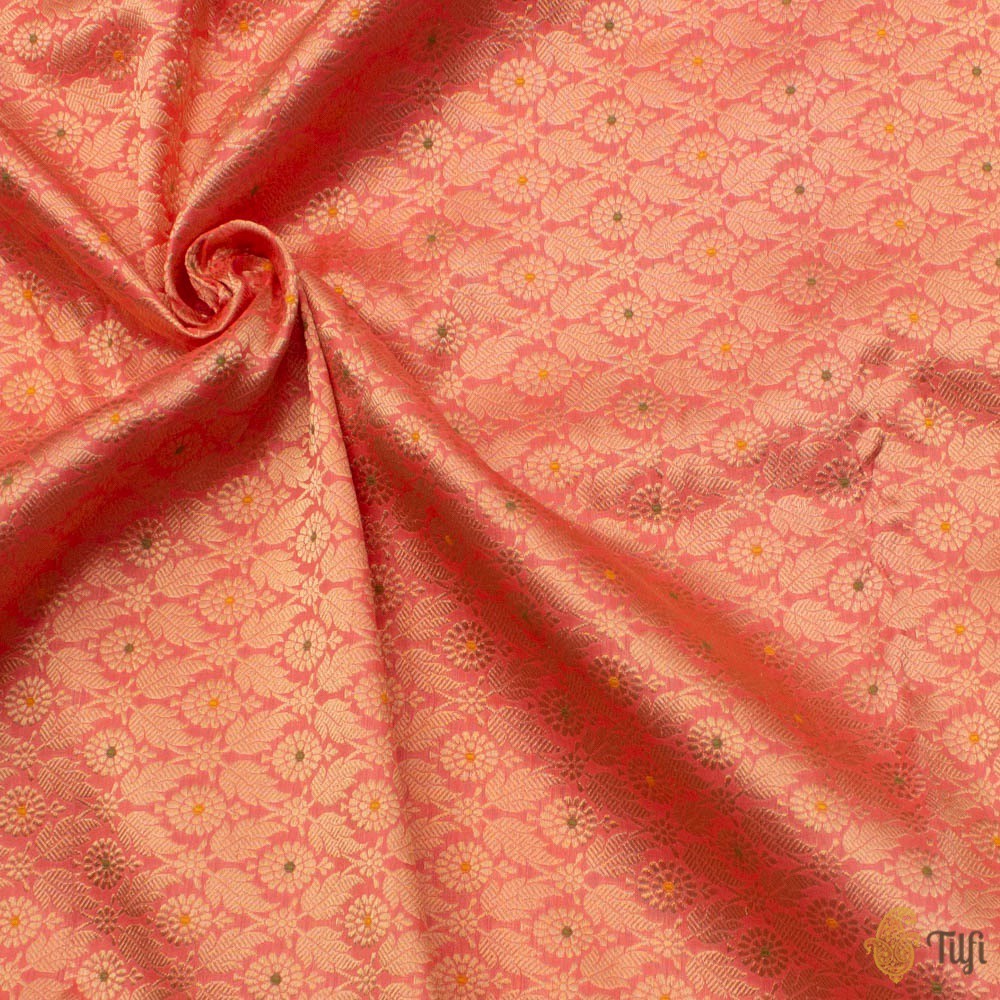Coral Peach Pure Katan Silk Banarasi Handloom Fabric