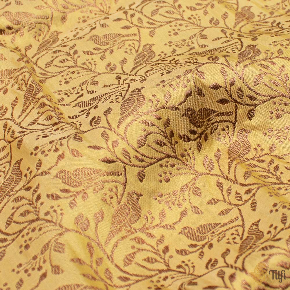 Ivory-Yellow Pure Katan Silk Banarasi Handloom Fabric