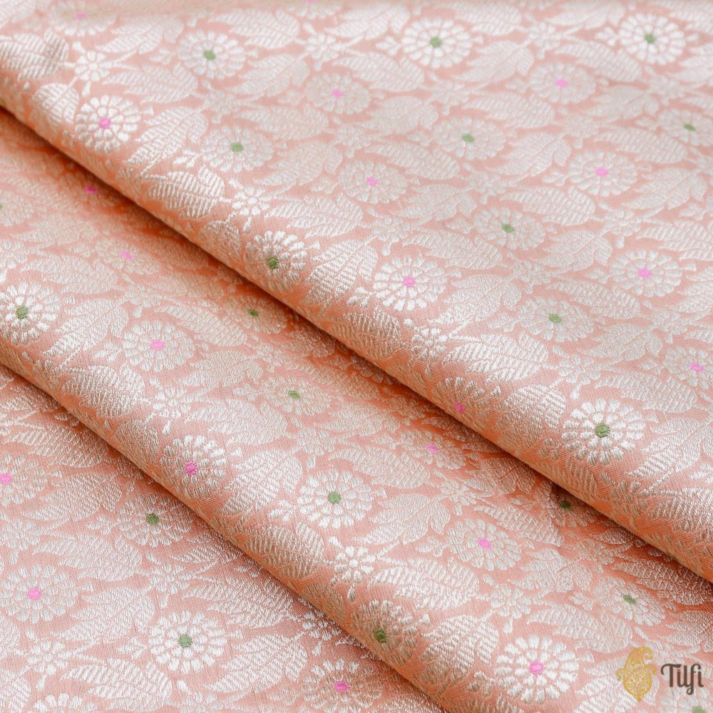 Peach Pure Katan Silk Banarasi Handloom Fabric