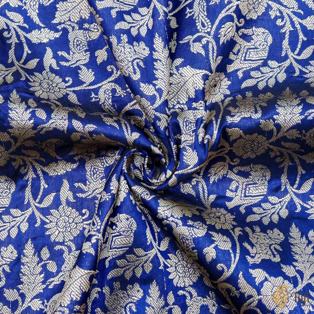 Midnight Blue Pure Satin Silk Banarasi Handloom Fabric