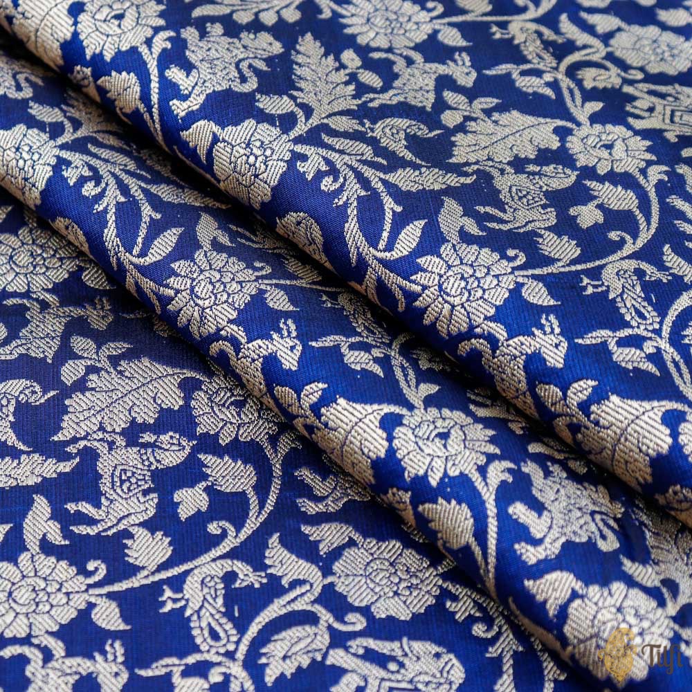 Midnight Blue Pure Satin Silk Banarasi Handloom Fabric