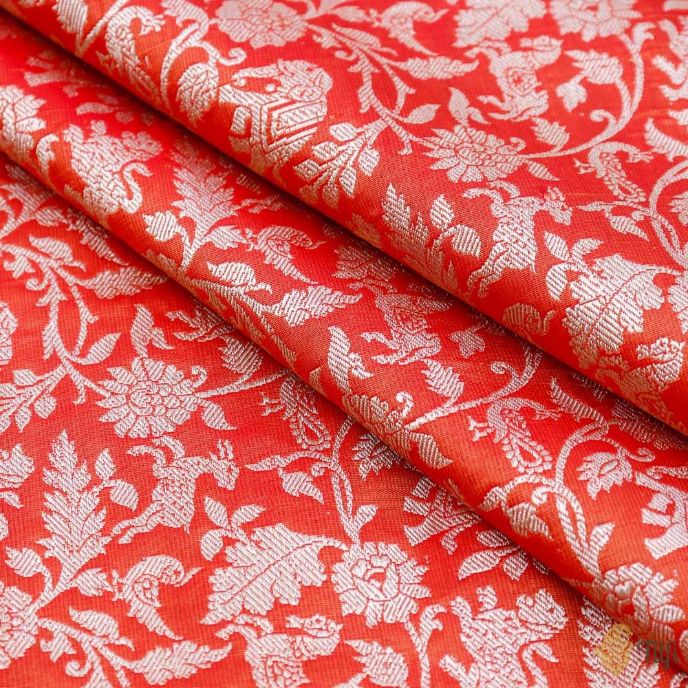Red-Orange Pure Satin Silk Banarasi Handloom Fabric