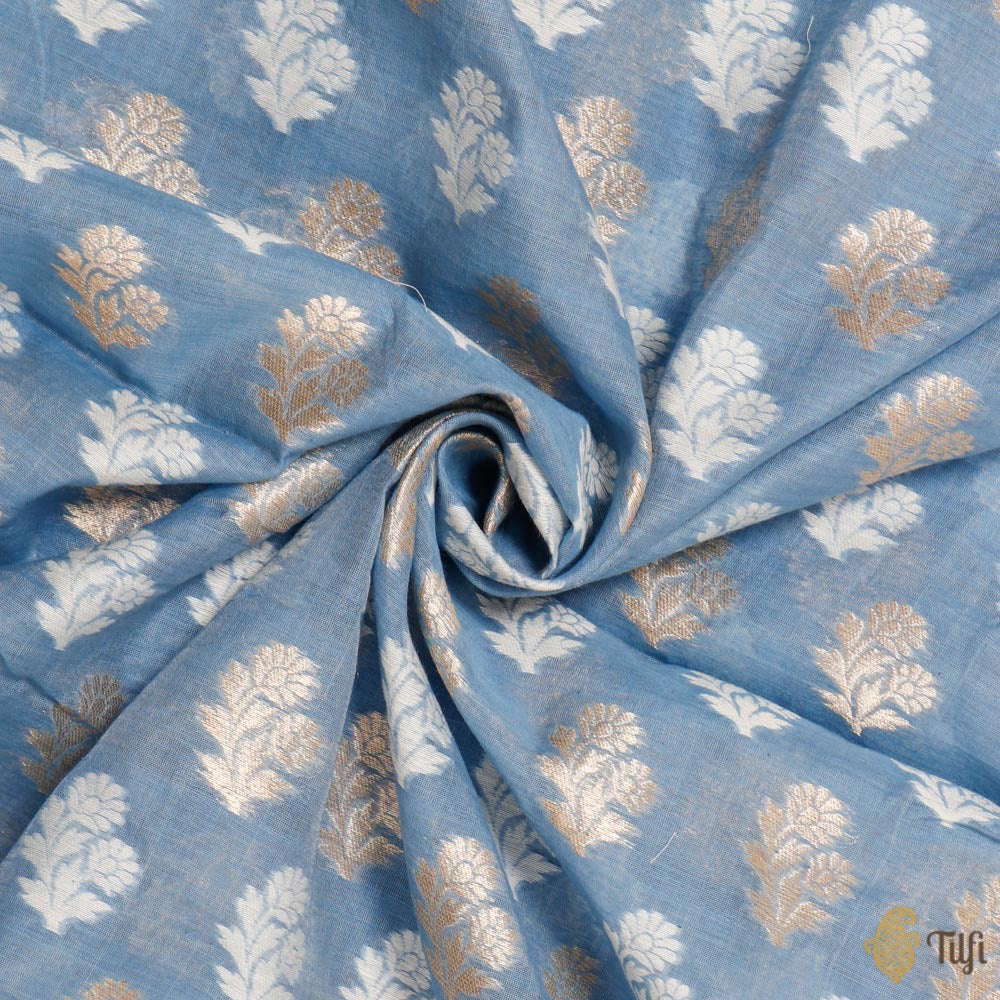 Light Blue Pure Kora Cotton Banarasi Handloom Fabric