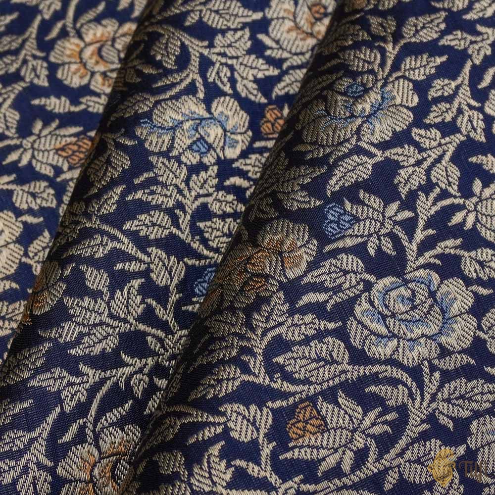 Navy Blue Pure Katan Silk Banarasi Handloom Fabric