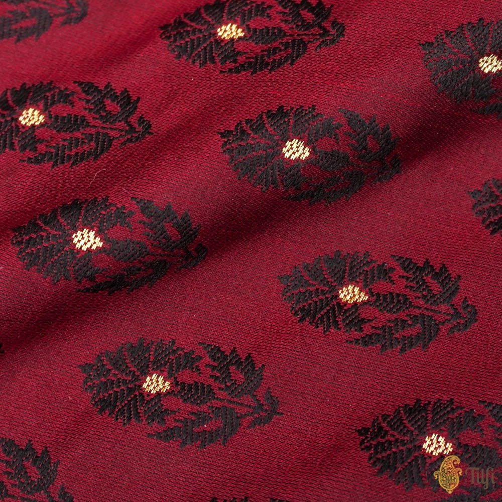 Maroon-Black Pure Soft Satin Silk Banarasi Handloom Fabric