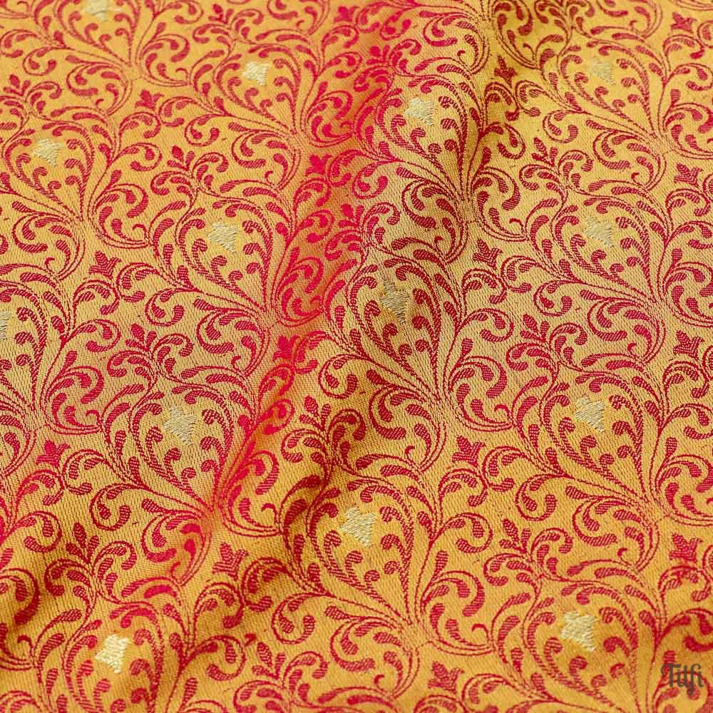 Mustard-Red Pure Soft Satin Silk Banarasi Handloom Fabric