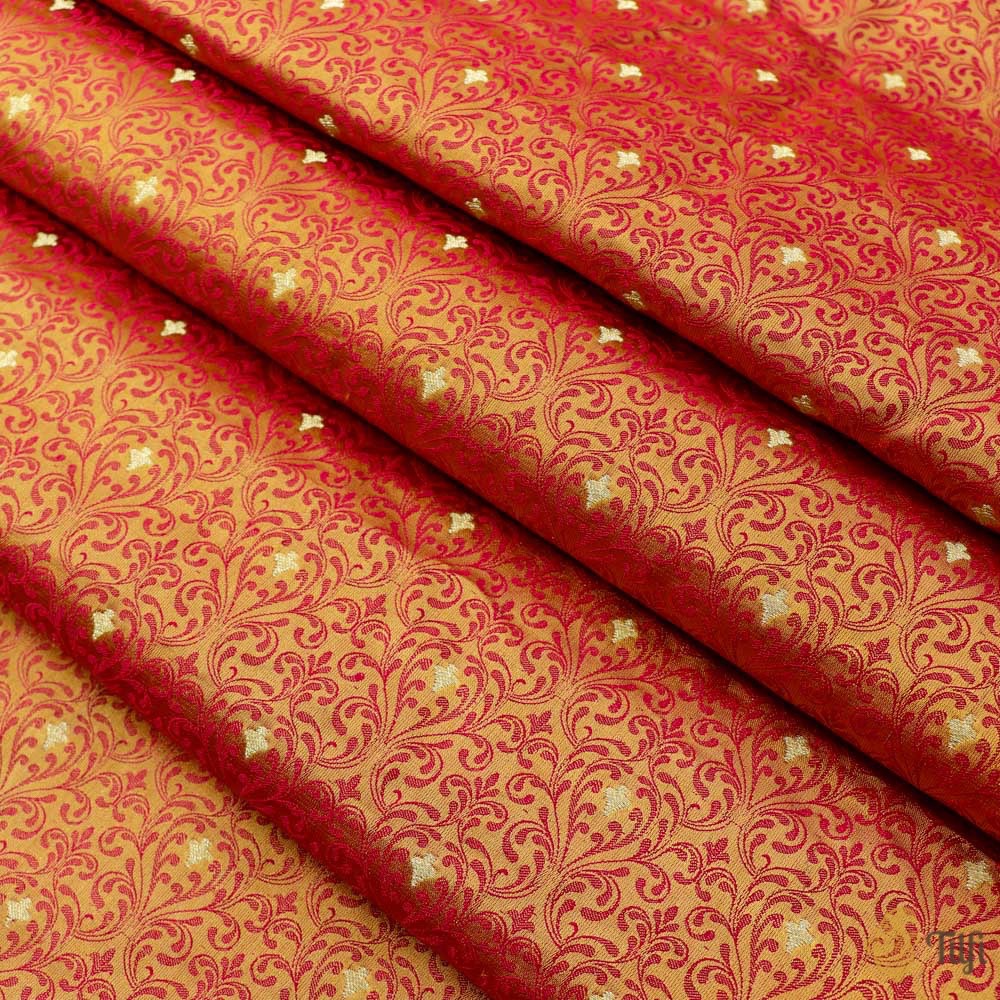 Mustard-Red Pure Satin Silk Handloom Fabric -