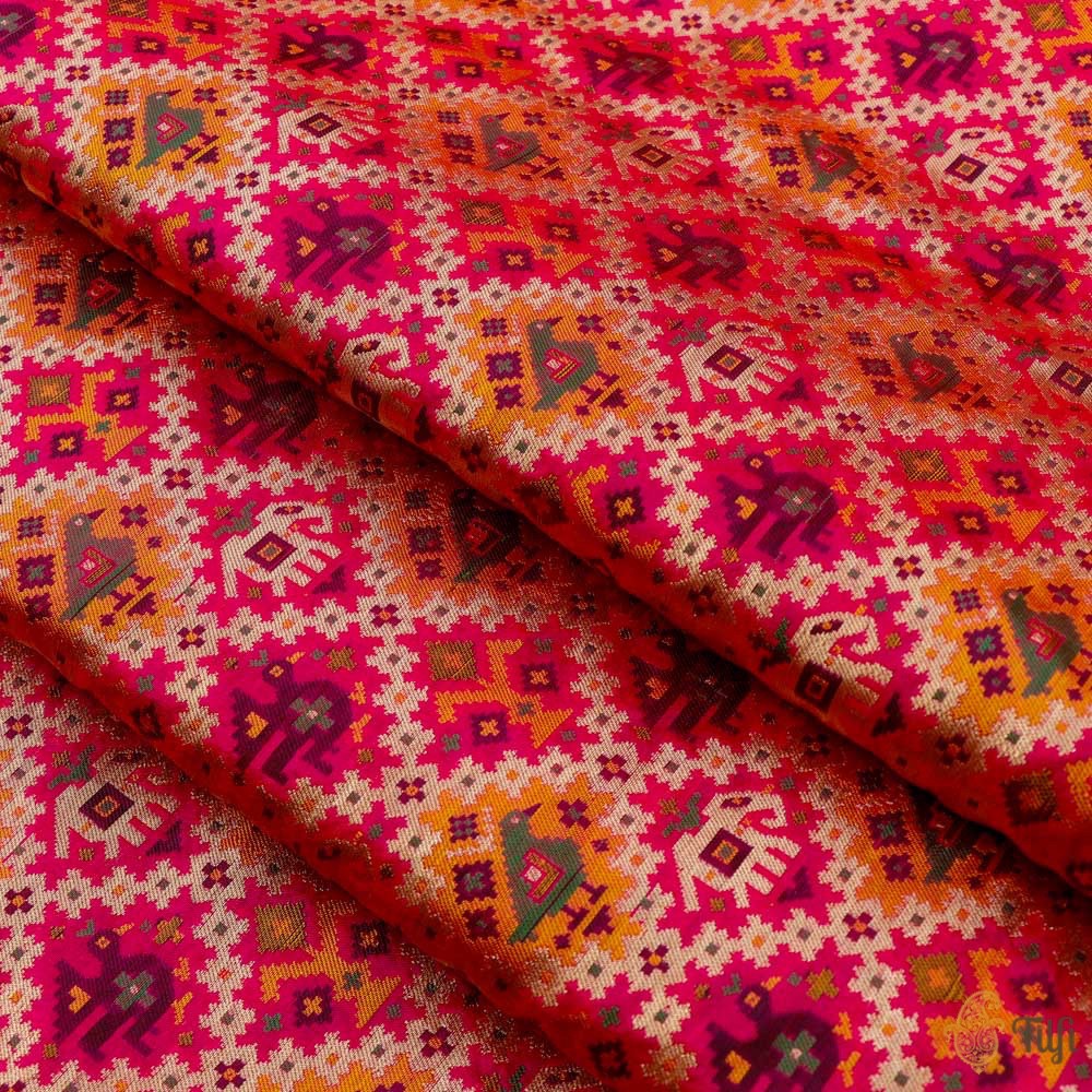 Red-Rani Pink Pure Katan Silk Banarasi Handloom Patola Fabric
