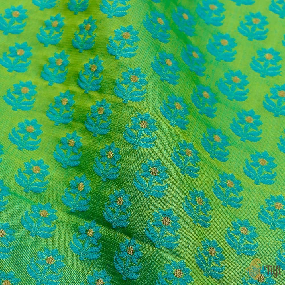 Green-Blue Pure Soft Satin Silk Banarasi Handloom Fabric