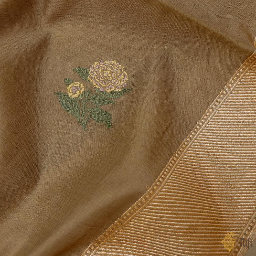 Deep Olive Green Pure Kora Silk by Cotton Banarasi Handloom Fabric