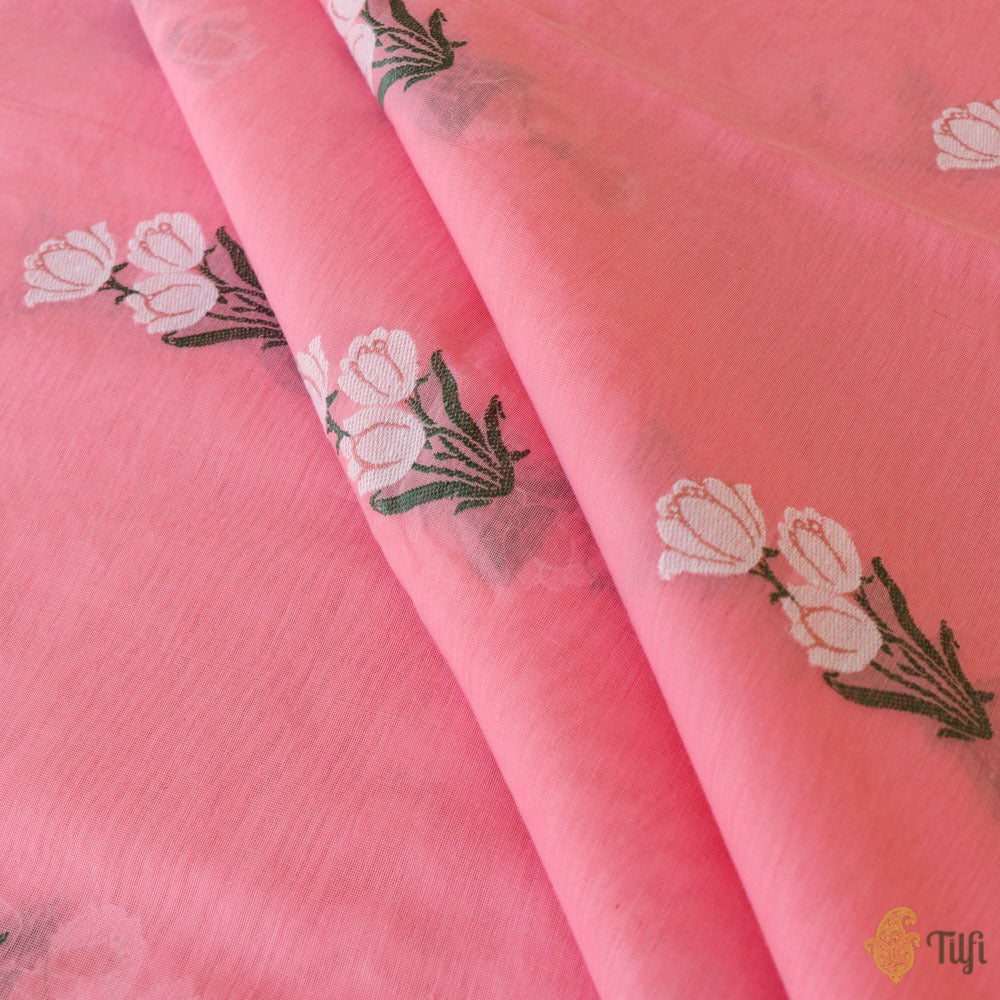 Taffy Pink Pure Kora Silk by Cotton Banarasi Handloom Fabric