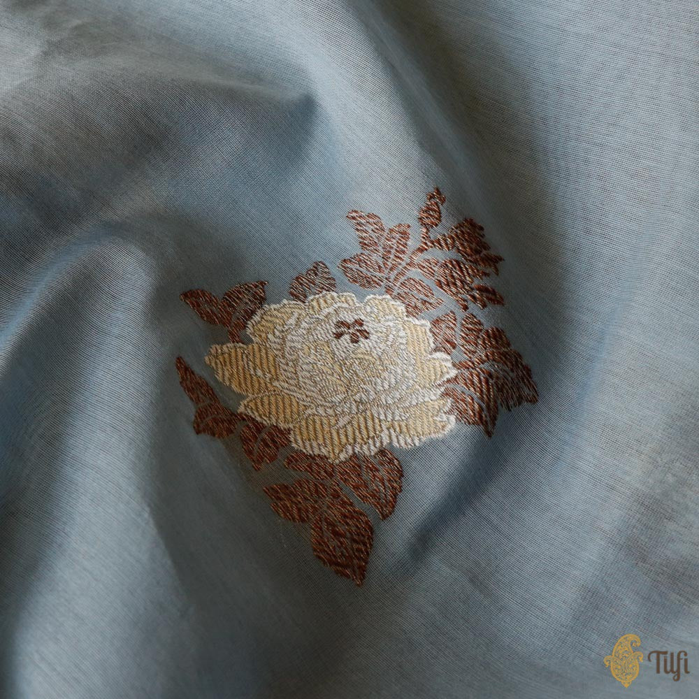 Light Blueish Grey Pure Kora Silk by Cotton Banarasi Handloom Fabric