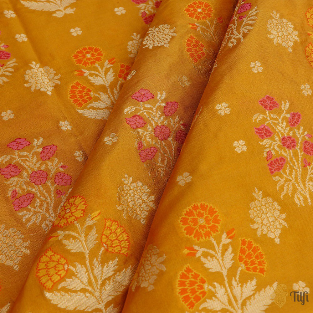 Mustard Yellow Pure Katan Silk Banarasi Handloom Fabric