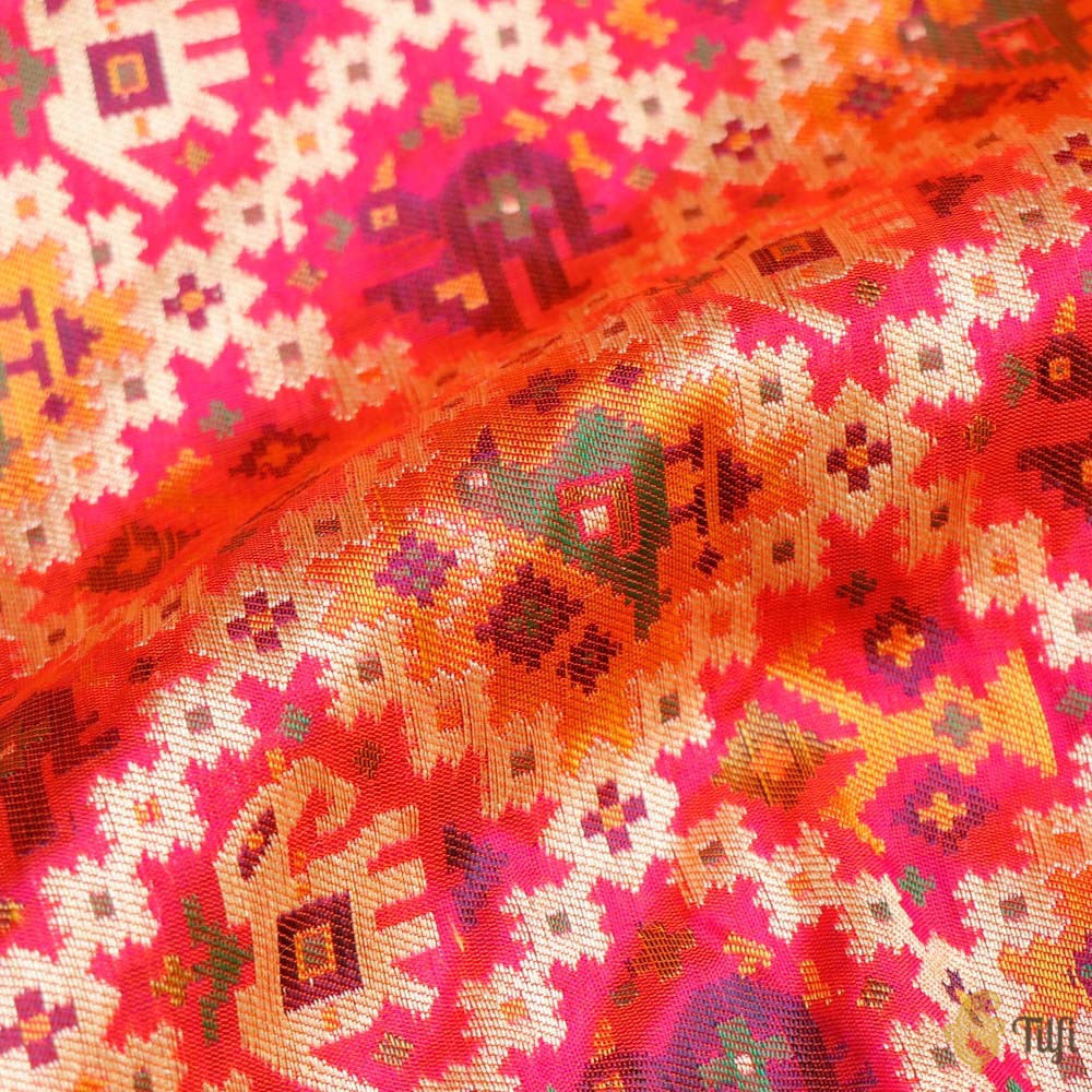 Orange-Pink Pure Katan Silk Banarasi Handloom Patola Fabric