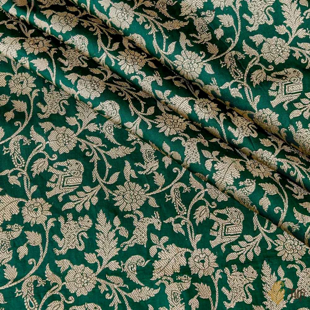 Dark Green Pure Satin Silk Banarasi Handloom Fabric