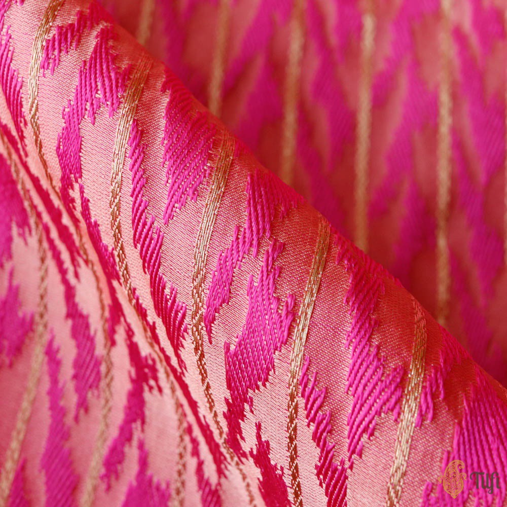 Peach and Pink Pure Soft Satin Silk Banarasi Handloom Fabric