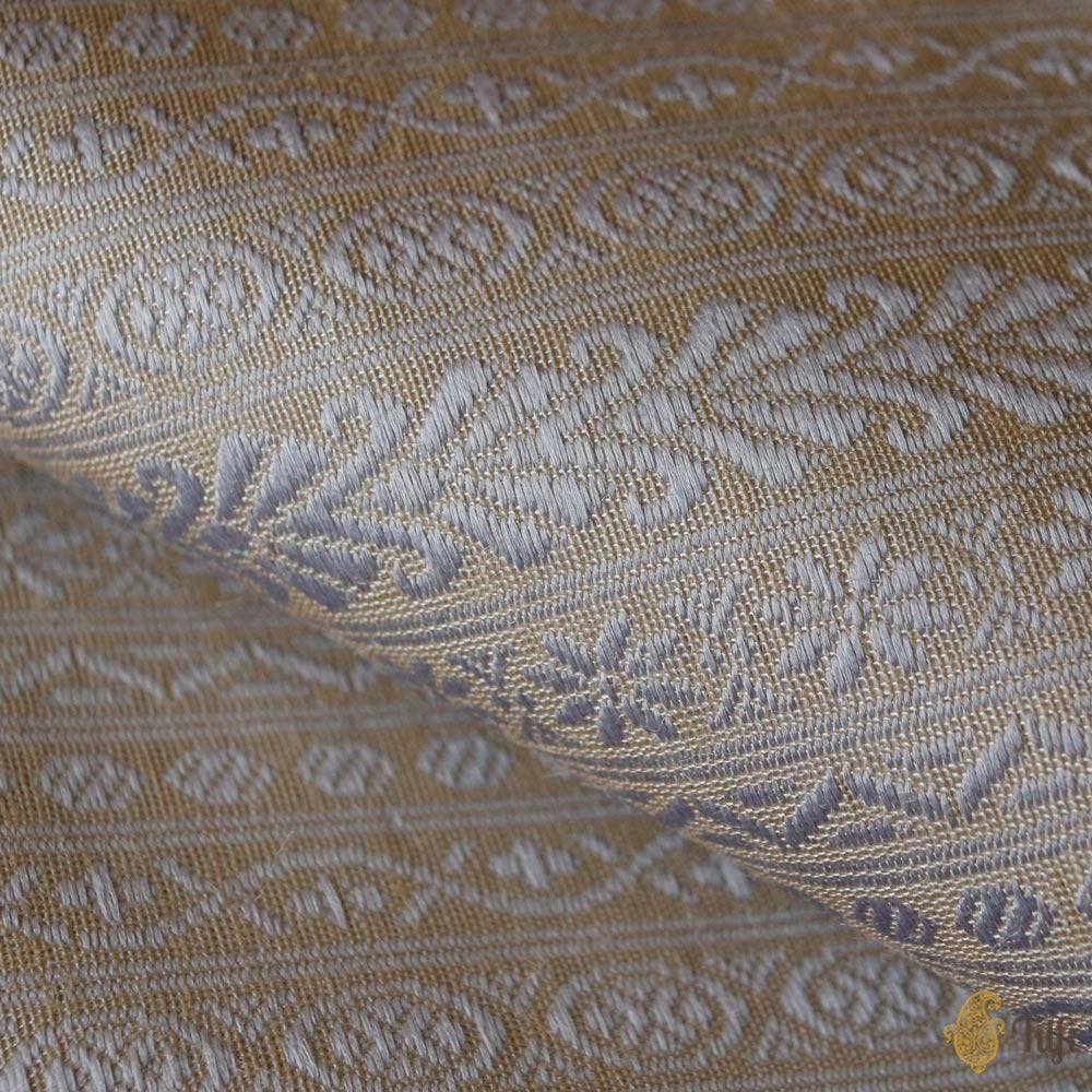 Off-white and Grey Pure Monga Silk Banarasi Handloom Fabric