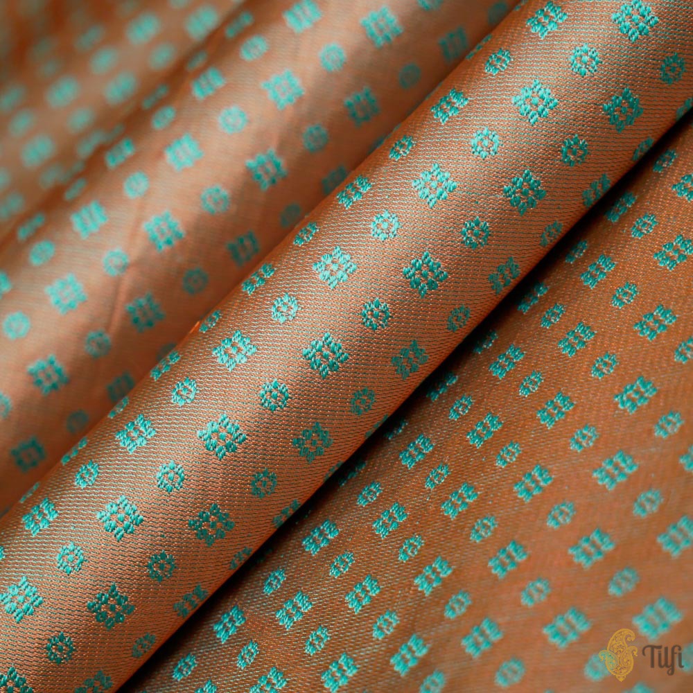 Peach-Blue Pure Soft Satin Silk Banarasi Handloom Fabric