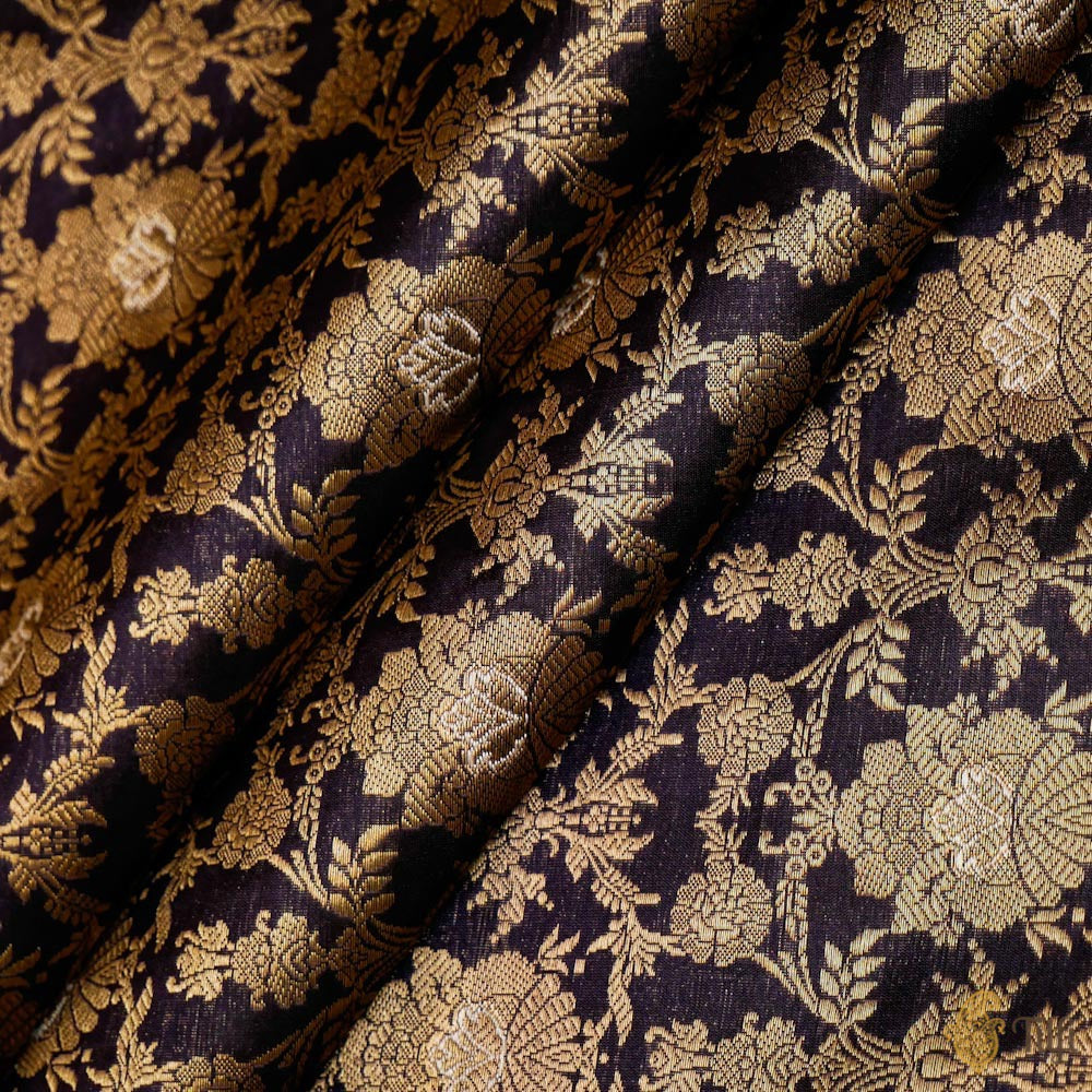 Deep Navy Blue Pure Katan Silk Banarasi Handloom Fabric