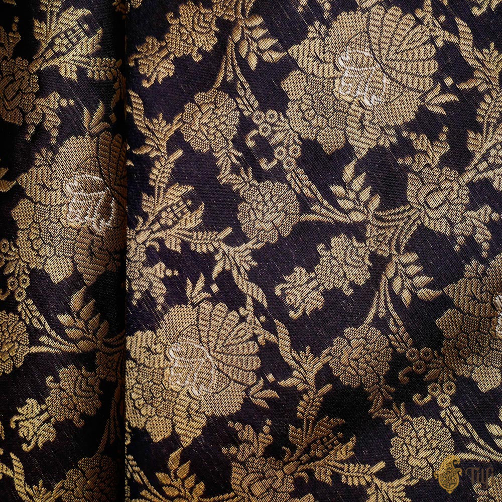 Deep Navy Blue Pure Katan Silk Banarasi Handloom Fabric
