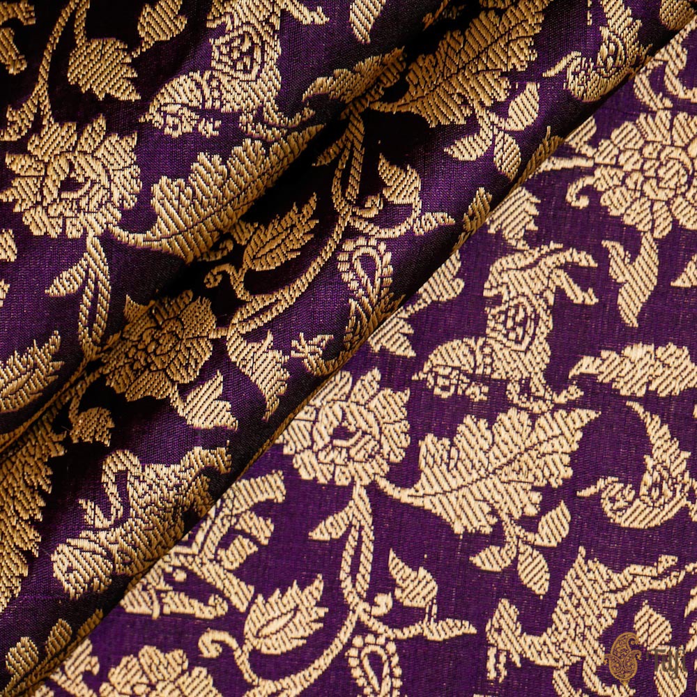 Black-Purple Pure Satin Silk Banarasi Handloom Fabric