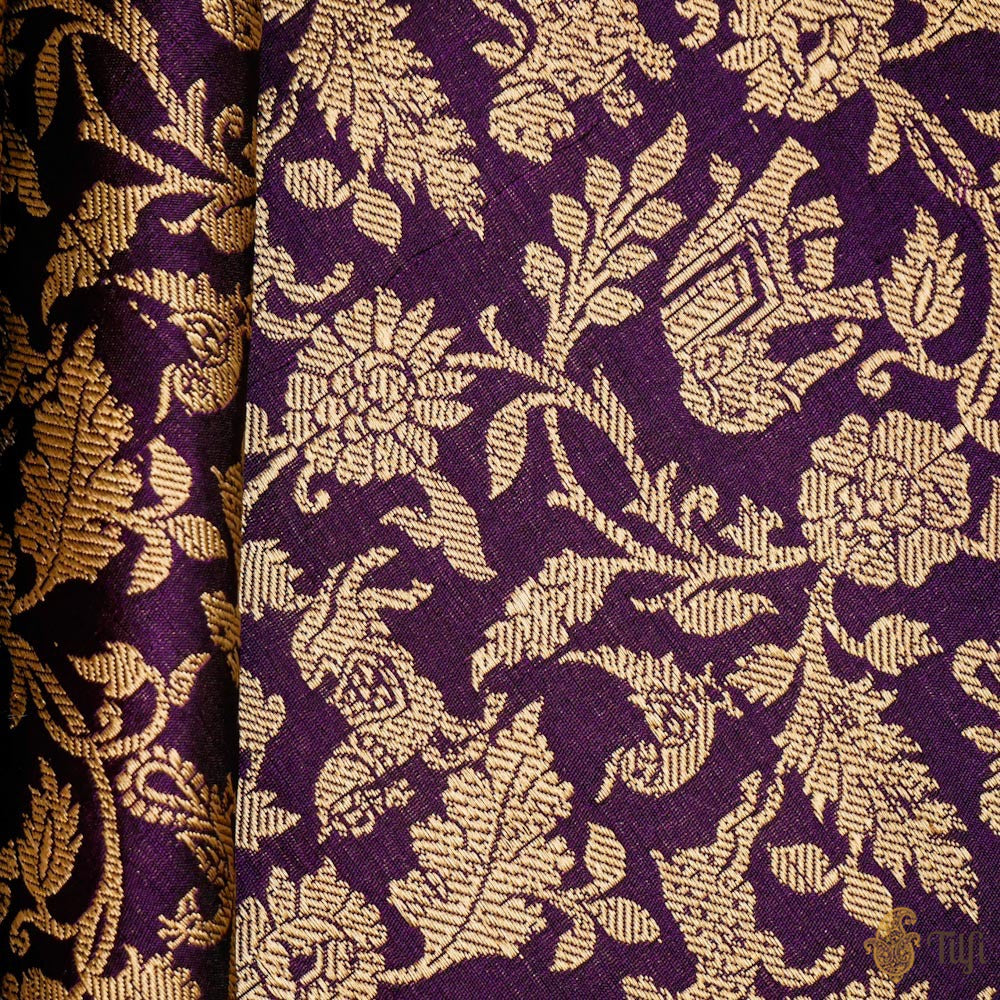 Black-Purple Pure Satin Silk Banarasi Handloom Fabric