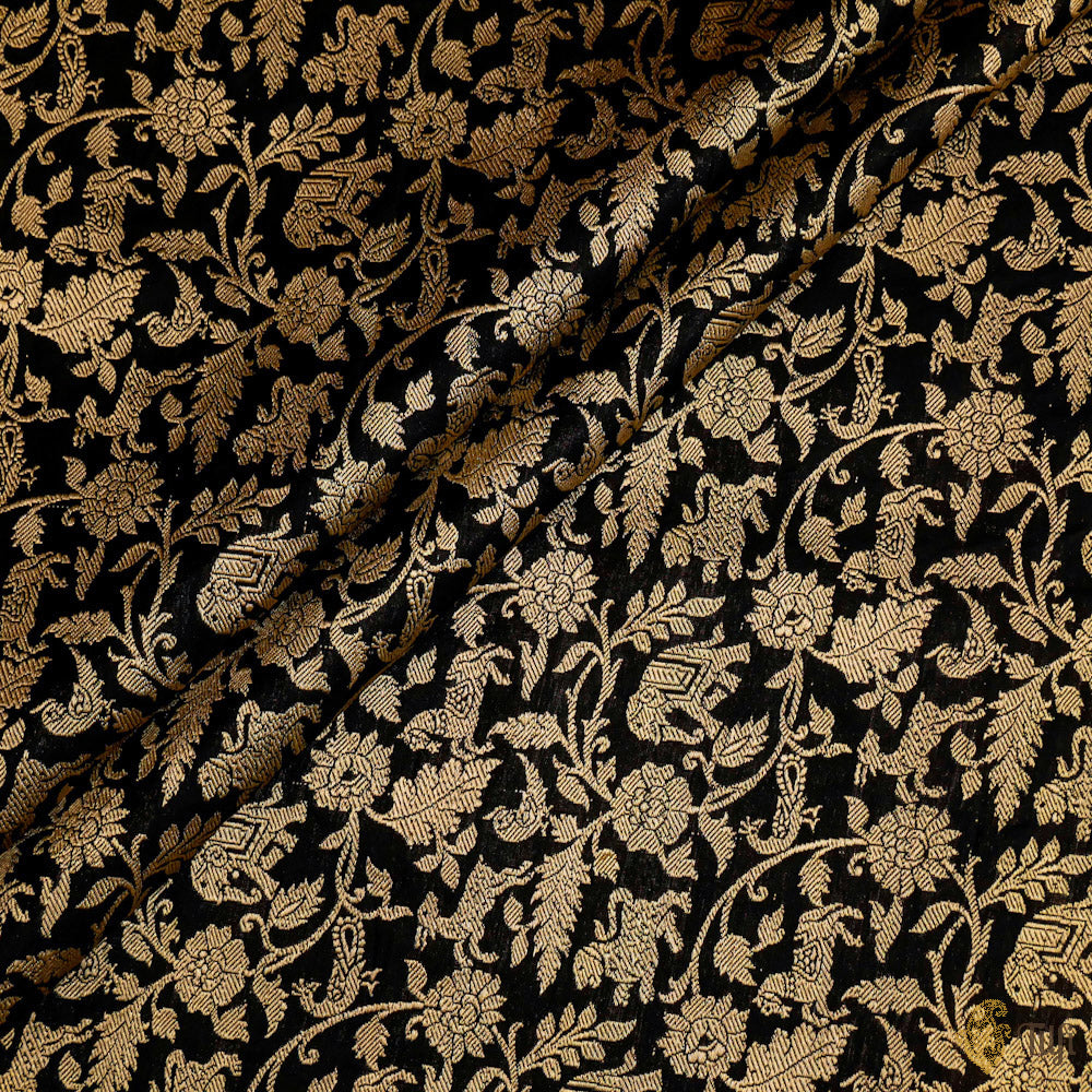 Black Pure Satin Silk Banarasi Handloom Fabric