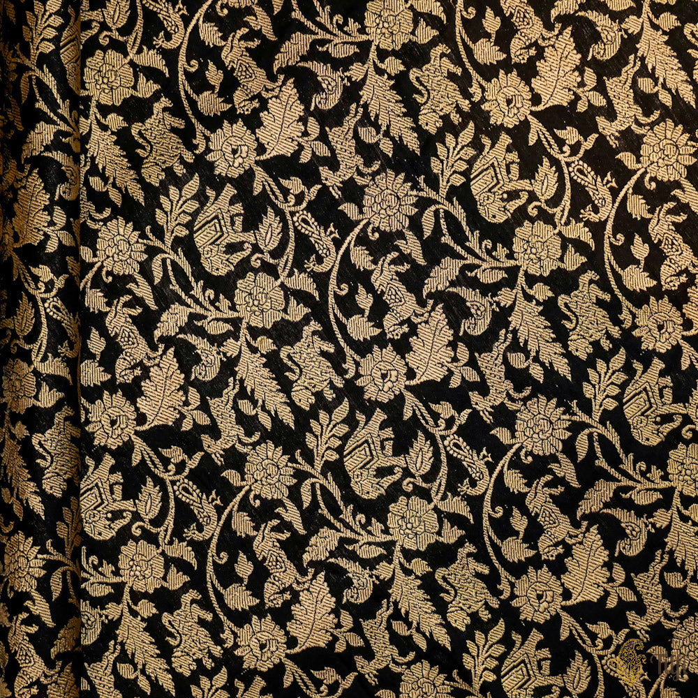 Black Pure Satin Silk Banarasi Handloom Fabric