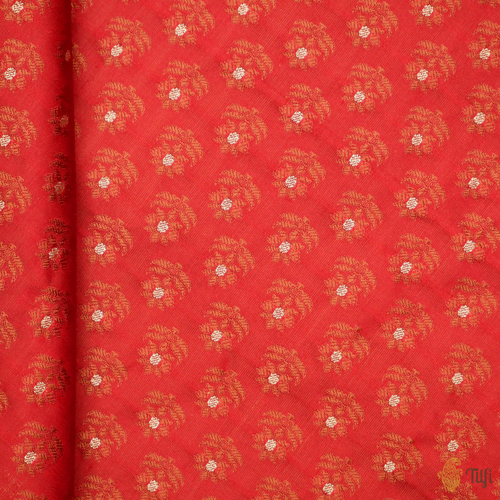 Beige-Red Pure Soft Satin Silk Banarasi Handloom Fabric