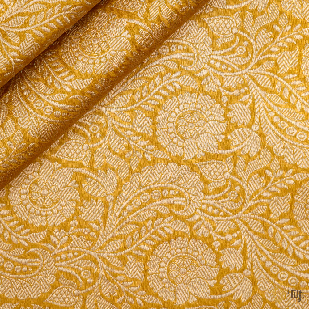 Mustard Green Pure Katan Silk Banarasi Handloom Fabric