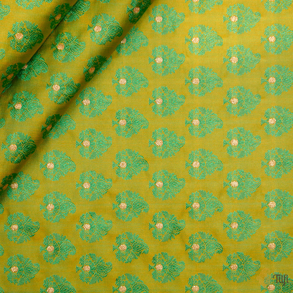 Yellow-Green Pure Soft Satin Silk Banarasi Handloom Fabric