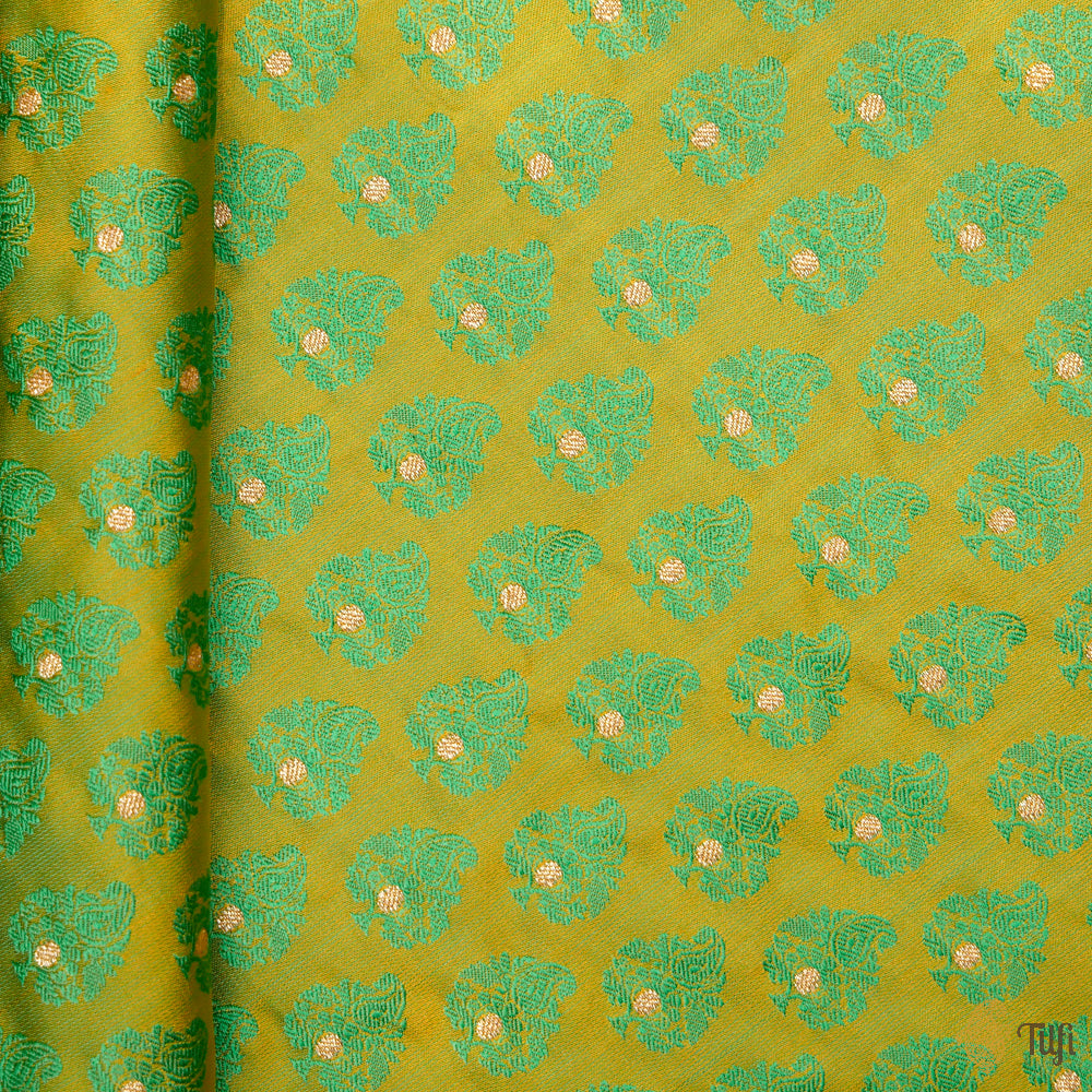 Yellow-Green Pure Soft Satin Silk Banarasi Handloom Fabric