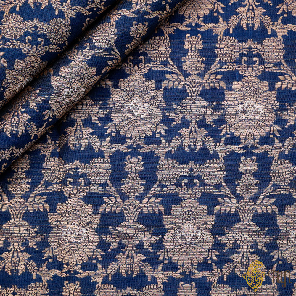Midnight Blue Pure Katan Silk Banarasi Handloom Fabric