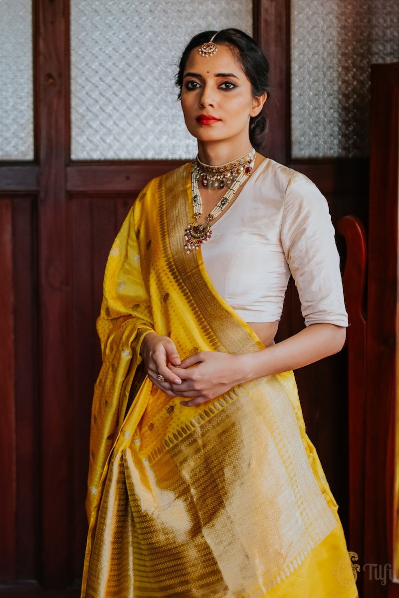 Pre-Order: Yellow Pure Soft Satin Silk Banarasi Handloom Saree