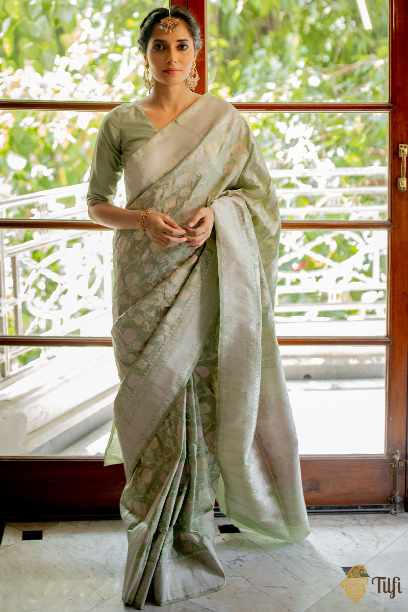 &#39;Anuradha&#39; Light Sage Green Pure Katan Silk Banarasi Handloom Saree