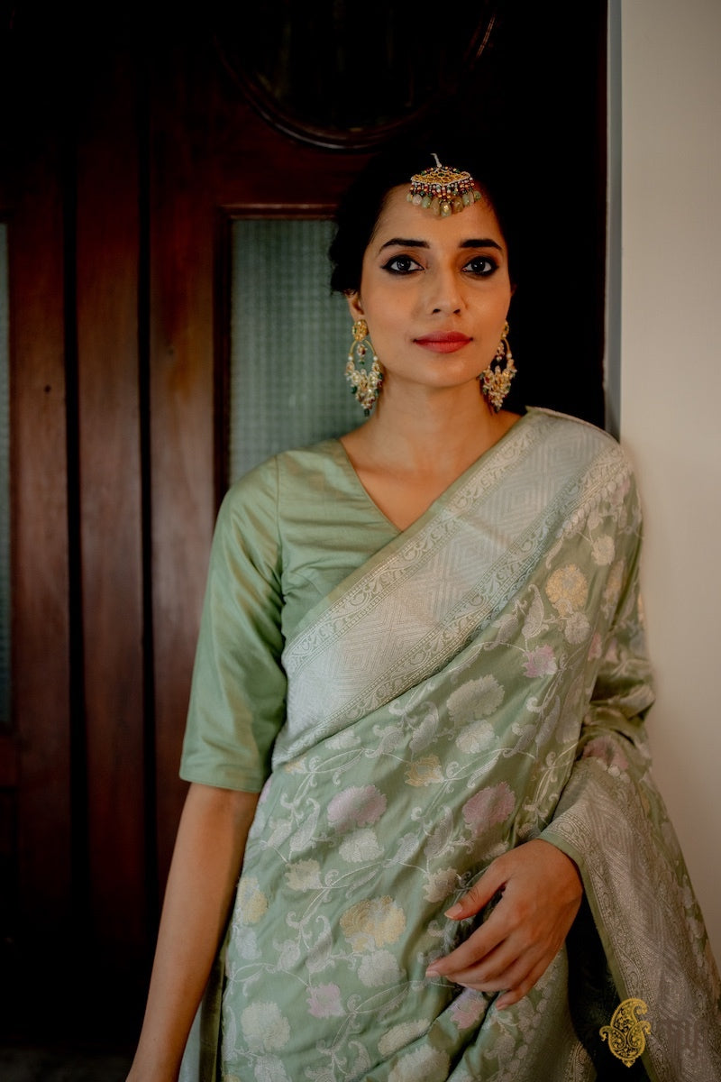 &#39;Anuradha&#39; Light Sage Green Pure Katan Silk Banarasi Handloom Saree