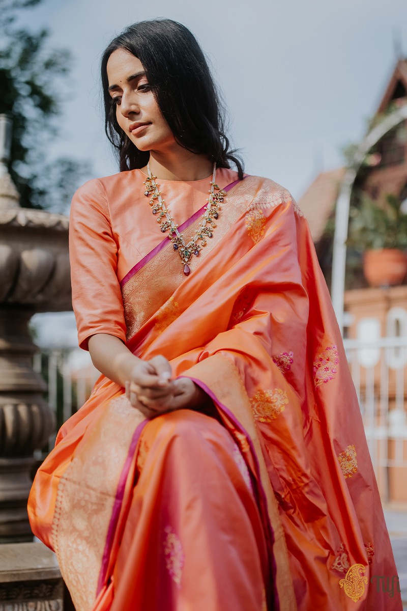 Orange-Light Pink Pure Katan Silk Banarasi Handloom Saree