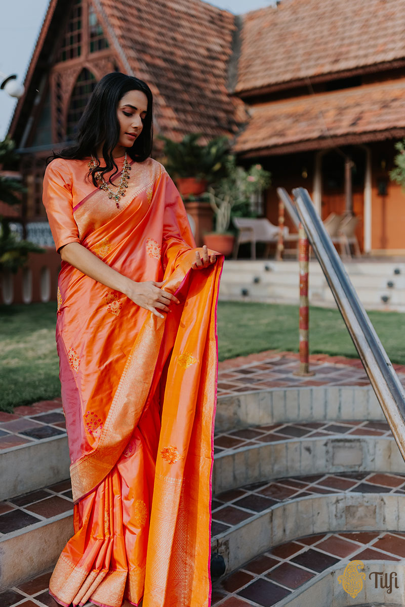 Pre-Order: Orange-Light Pink Pure Katan Silk Banarasi Handloom Saree