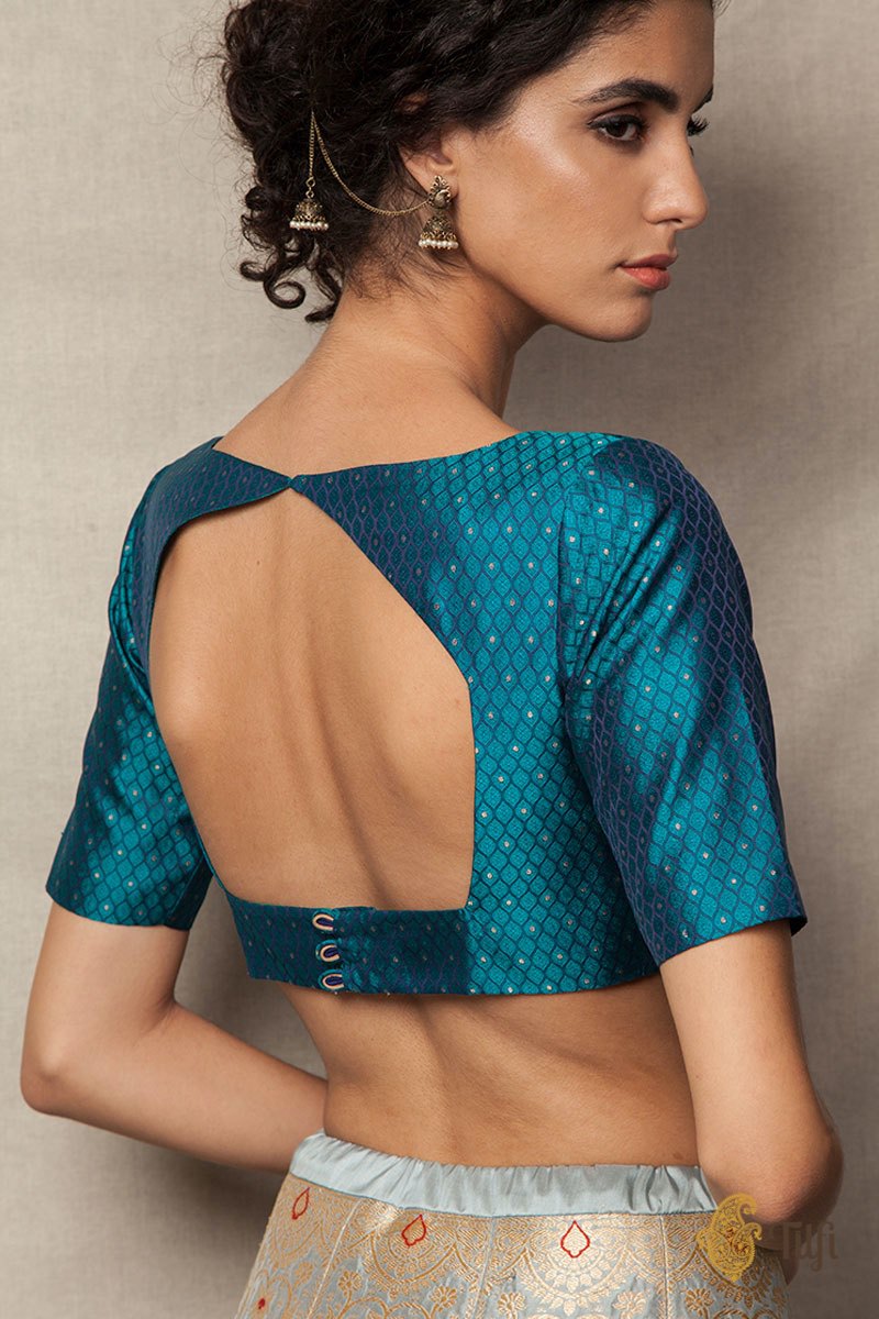 Teal Green Tanchoi Boat Neck Blouse