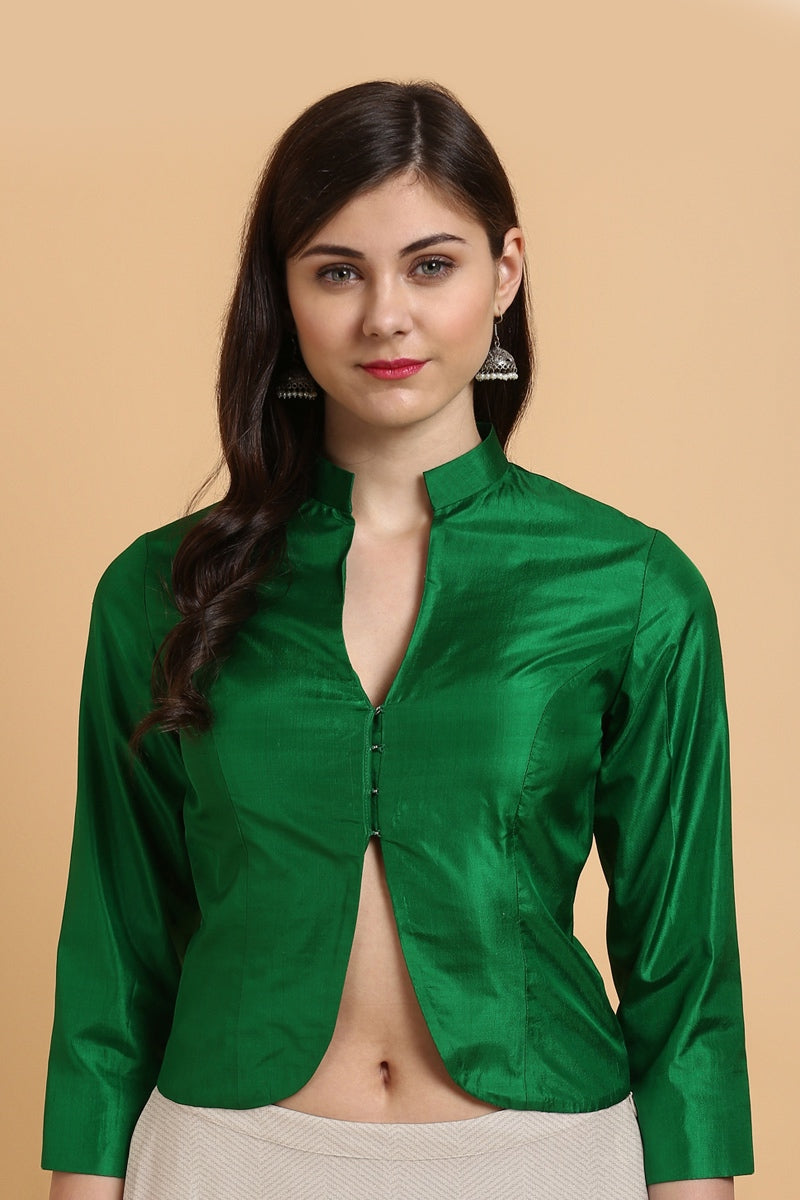 Green Pure Silk Jacket-Style Essentials Blouse